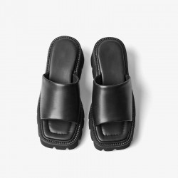 Block Heeled Square Toe Black Slippers Non-slip Lug Sole For Women