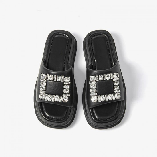 Casual Platform Black Slipper Flat Fahion Rhinestone Design For Women