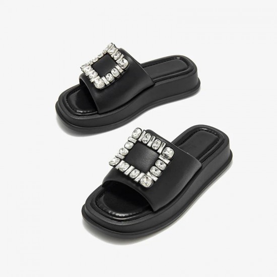 Casual Platform Black Slipper Flat Fahion Rhinestone Design For Women