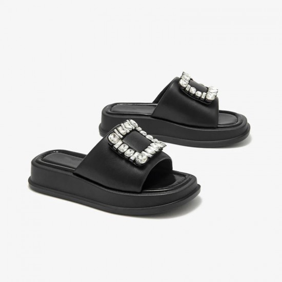 Casual Platform Black Slipper Flat Fahion Rhinestone Design For Women