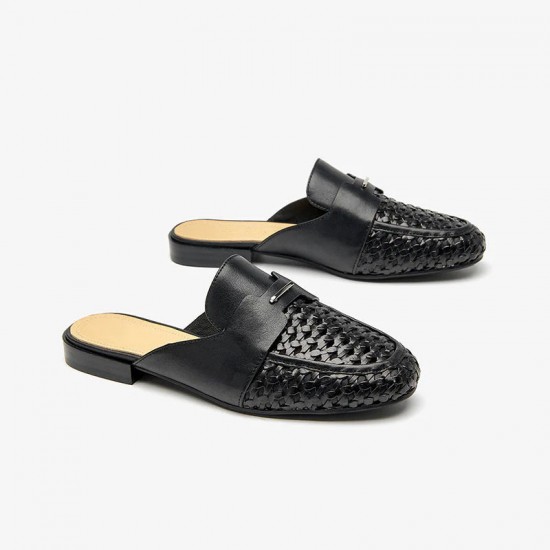 Cow Leather Mules Round Toe Braided Slip-on Black Sandals For Women