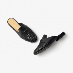 Cow Leather Mules Round Toe Braided Slip-on Black Sandals For Women