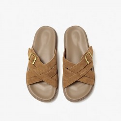 Cow Suede Cross Band Platform Brown Sandals For Women