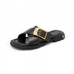 Soft Leather Slides Buckle Decor Black Gold Slipper for Women