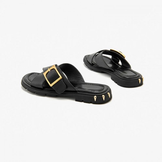 Soft Leather Slides Buckle Decor Black Gold Slipper for Women