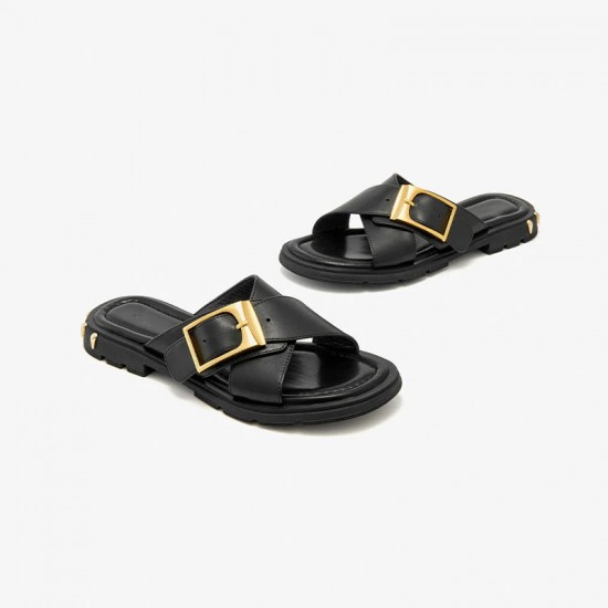 Soft Leather Slides Buckle Decor Black Gold Slipper for Women