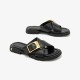 Soft Leather Slides Buckle Decor Black Gold Slipper for Women