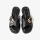 Soft Leather Slides Buckle Decor Black Gold Slipper for Women