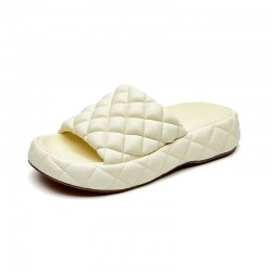 Soft Round Toe Leather Woven Chunky White Slippers For Women