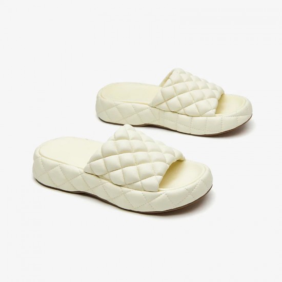 Soft Round Toe Leather Woven Chunky White Slippers For Women