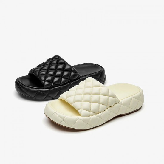 Soft Round Toe Leather Woven Chunky White Slippers For Women