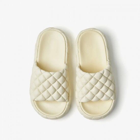 Soft Round Toe Leather Woven Chunky White Slippers For Women