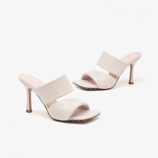 Square Toe Stiletto Beige Slides for Women