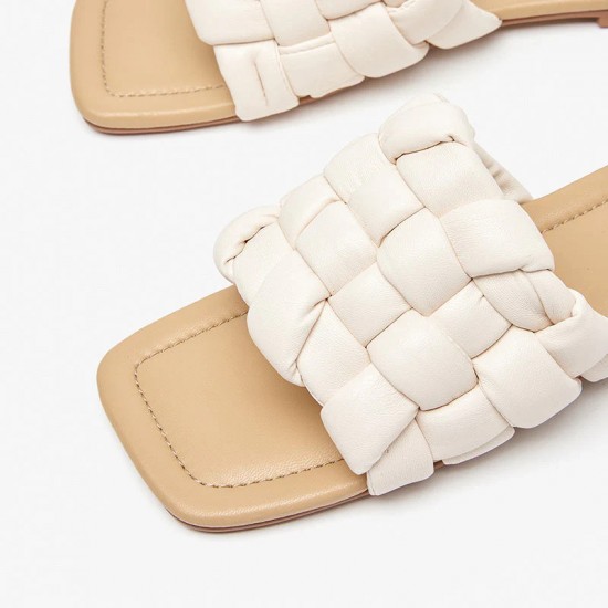 Weaving Leather Flat White Slippers for Women