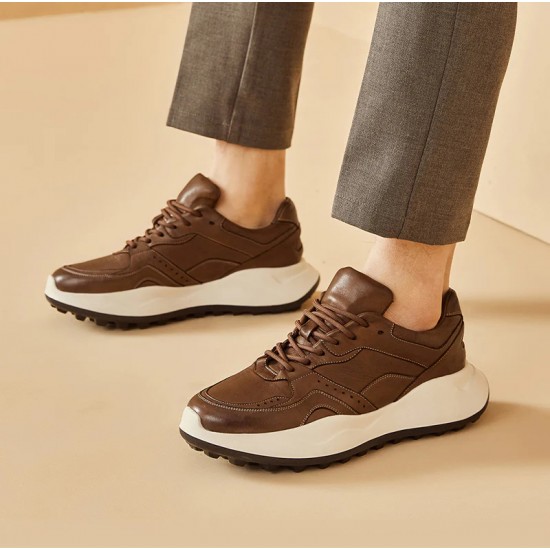 Genuine Leather Casual Platform Brown Sneakers For Men