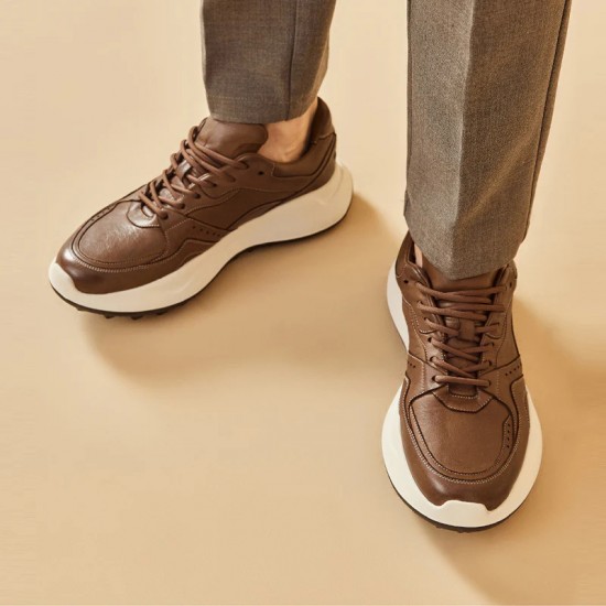 Genuine Leather Casual Platform Brown Sneakers For Men